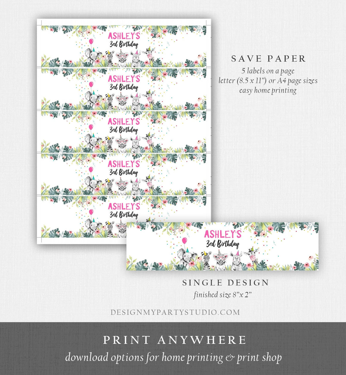 Editable Water Bottle Labels Party Animals Birthday Wild One Birthday Decor Safari Animals Zoo Bottle Labels Digital Template Printable 0322