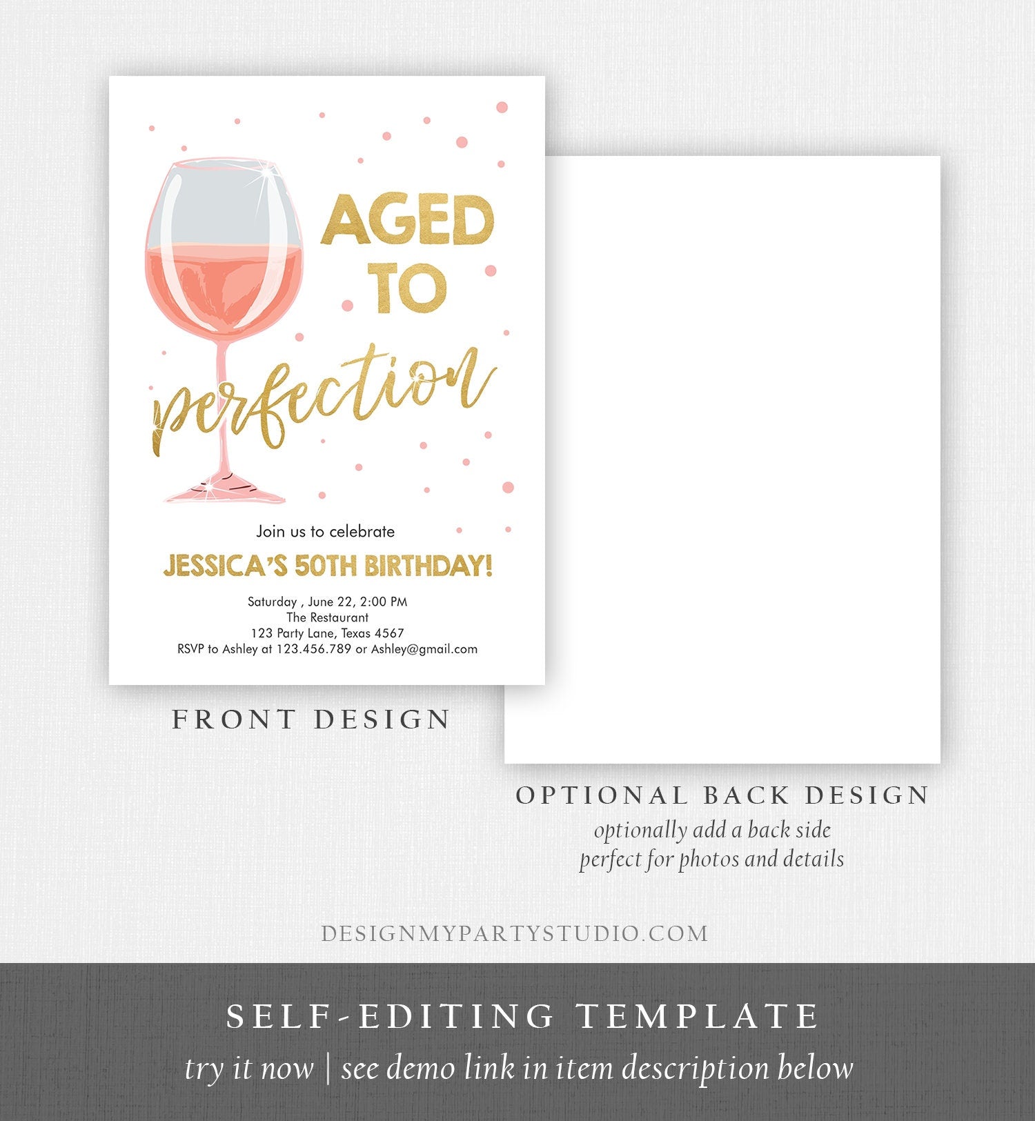 Editable Aged to Perfection Birthday Invitation Pink Rose Wine Glass Adult Birthday Party Rustic Surprise Digital Template Printable 0252