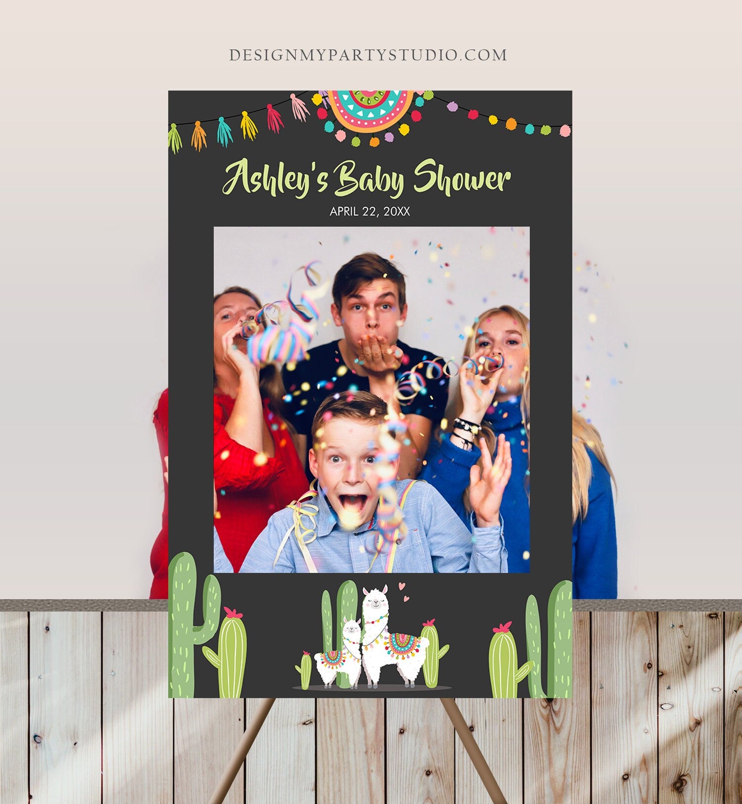 Editable Llama Photo Frame Booth Sign Baby Shower Prop Fiesta Llama Cactus Succulent Mexican Chalk Neutral Corjl Template Printable 0079