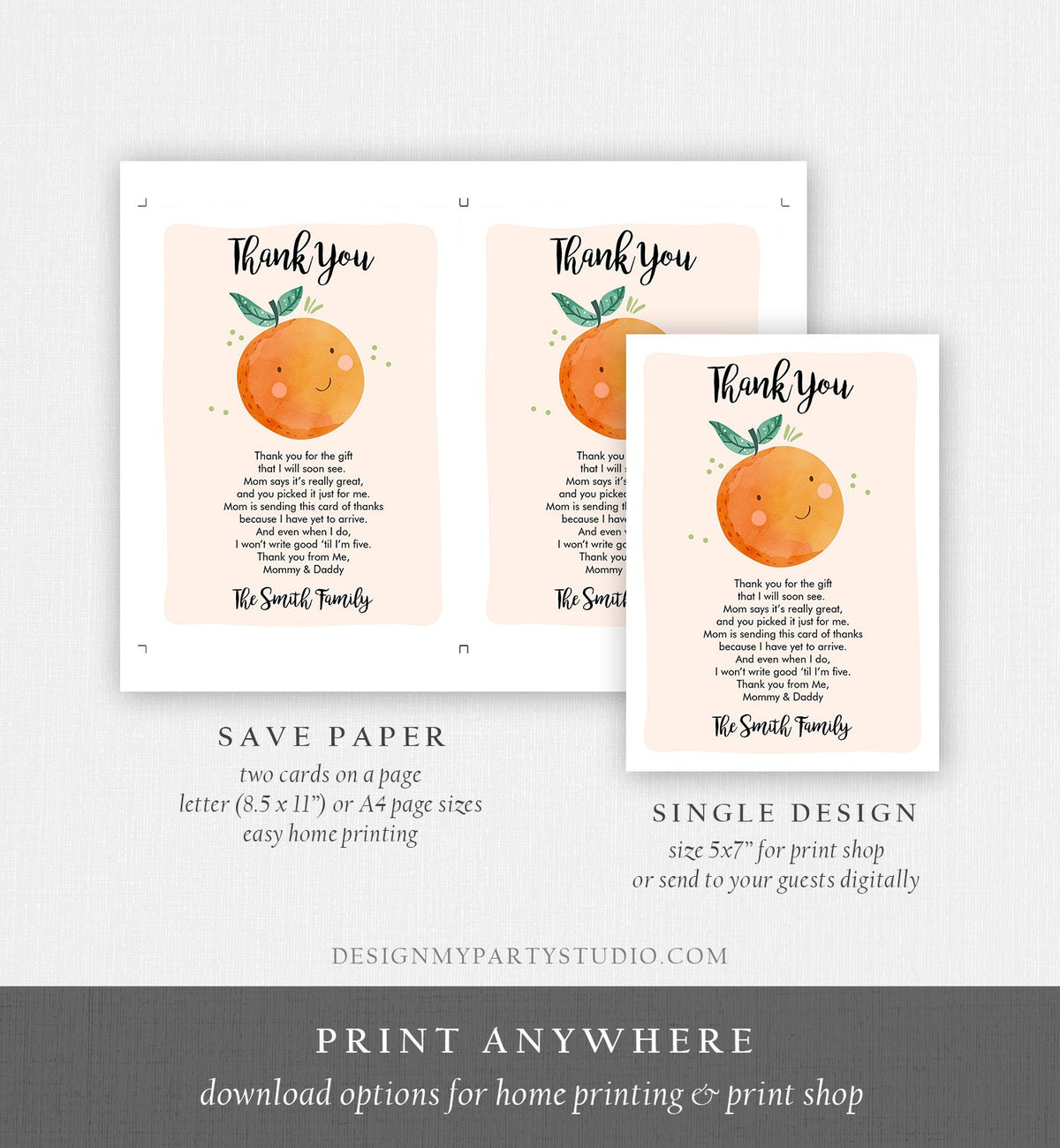 Editable A Little Cutie Thank You Card Baby Shower Clementine Orange Thank You Coed Shower Neutral Download Printable Corjl Template 0330