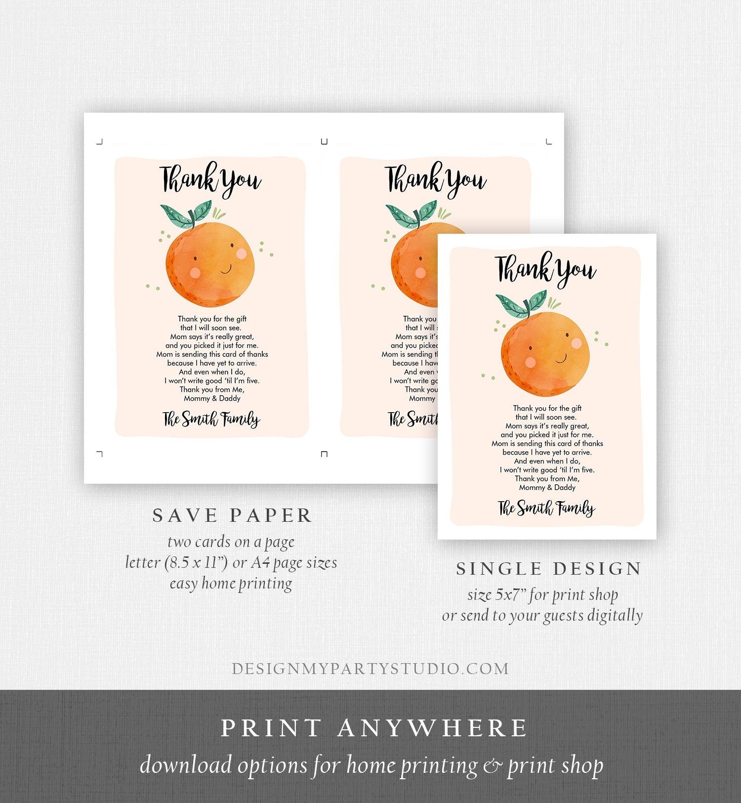 Editable A Little Cutie Thank You Card Baby Shower Clementine Orange Thank You Coed Shower Neutral Download Printable Corjl Template 0330