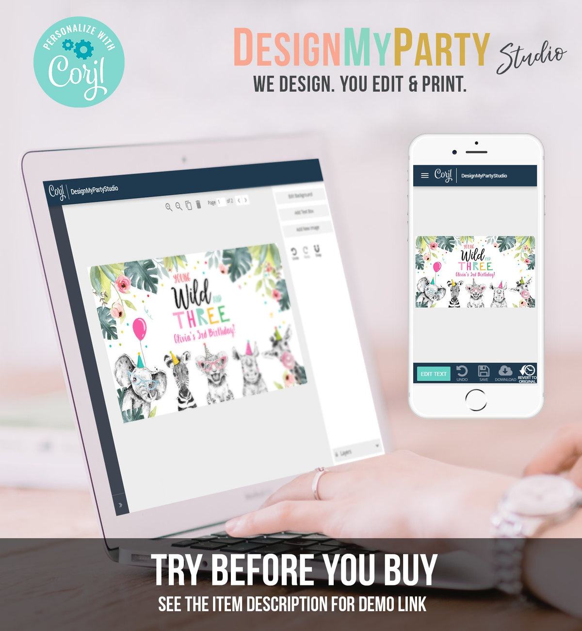 Editable Party Animals Birthday Backdrop Banner Safari Animals Girl Pink Wild and Three Sign Digital Download Template Printable 0322