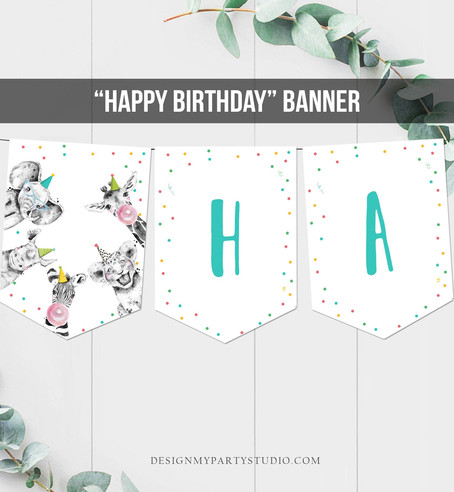 Happy Birthday Banner Safari Animals Blue Party Animals Wild One Birthday Boy Zoo Decorations Instant Digital Download Printable 0322