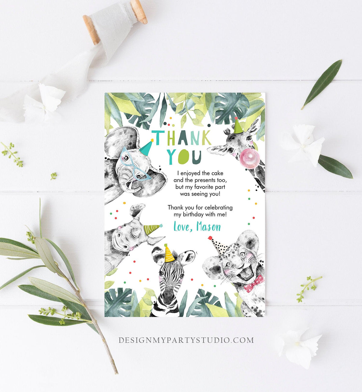 Editable Thank You Card Safari Animals Wild One Two Wild Thank You Note Boy Blue Gold Party Animals Digital Template Printable 0322