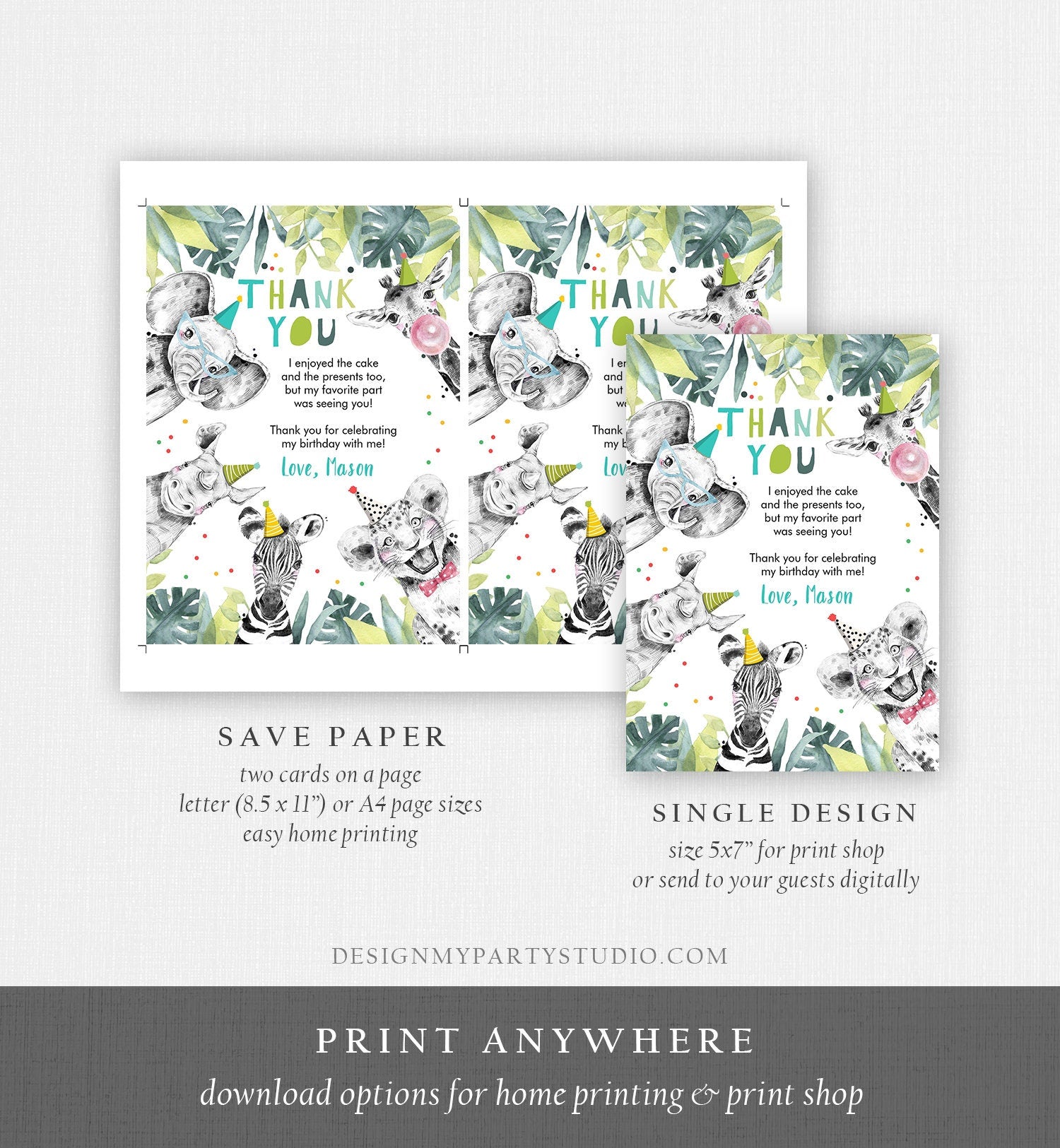 Editable Thank You Card Safari Animals Wild One Two Wild Thank You Note Boy Blue Gold Party Animals Digital Template Printable 0322