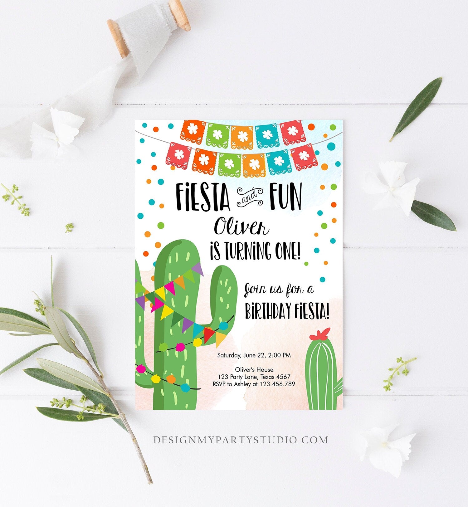 Editable Fiesta and Fun Birthday Invitation First Birthday Cactus Garland Blue Boy ANY AGE Digital Download Evite Template Printable 0135