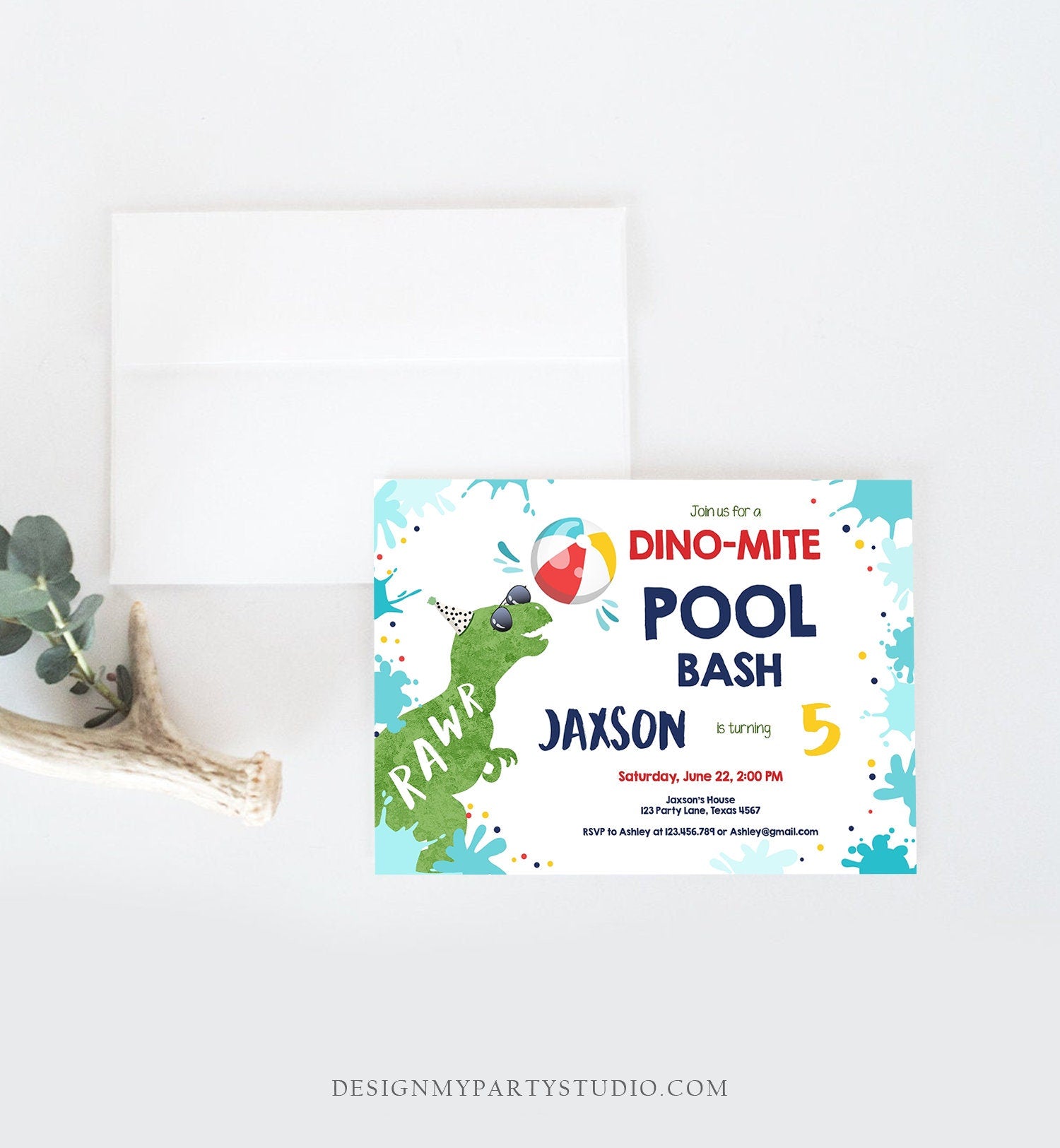Editable Dinosaur Pool Party Birthday Invitation Dinosaur Birthday Dino T-Rex Boy Bash Download Printable Invitation Template Corjl 0305