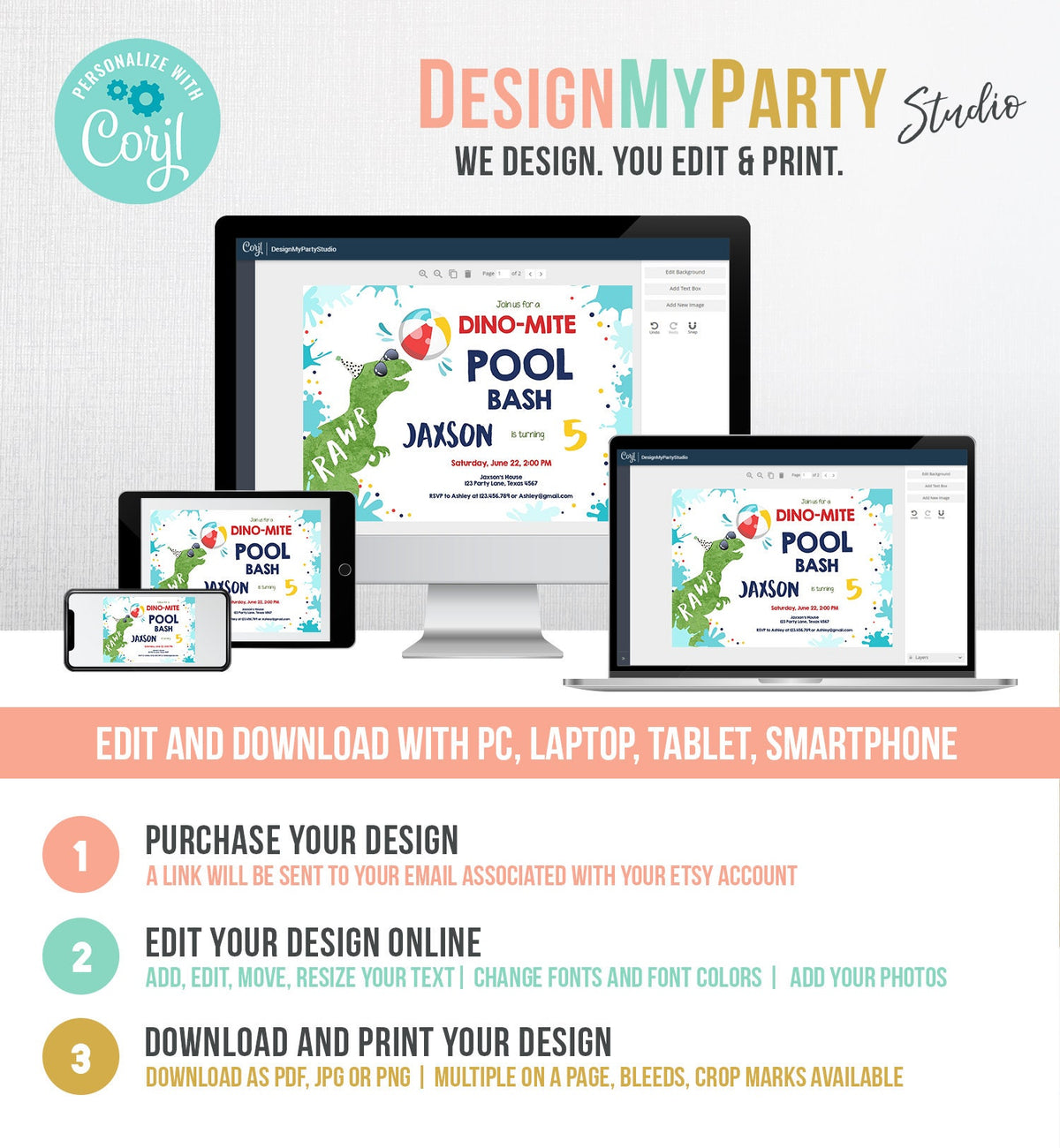 Editable Dinosaur Pool Party Birthday Invitation Dinosaur Birthday Dino T-Rex Boy Bash Download Printable Invitation Template Corjl 0305