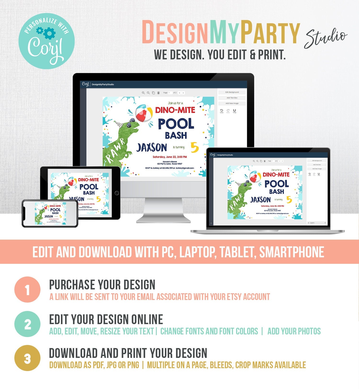 Editable Dinosaur Pool Party Birthday Invitation Dinosaur Birthday Dino T-Rex Boy Bash Download Printable Invitation Template Corjl 0305