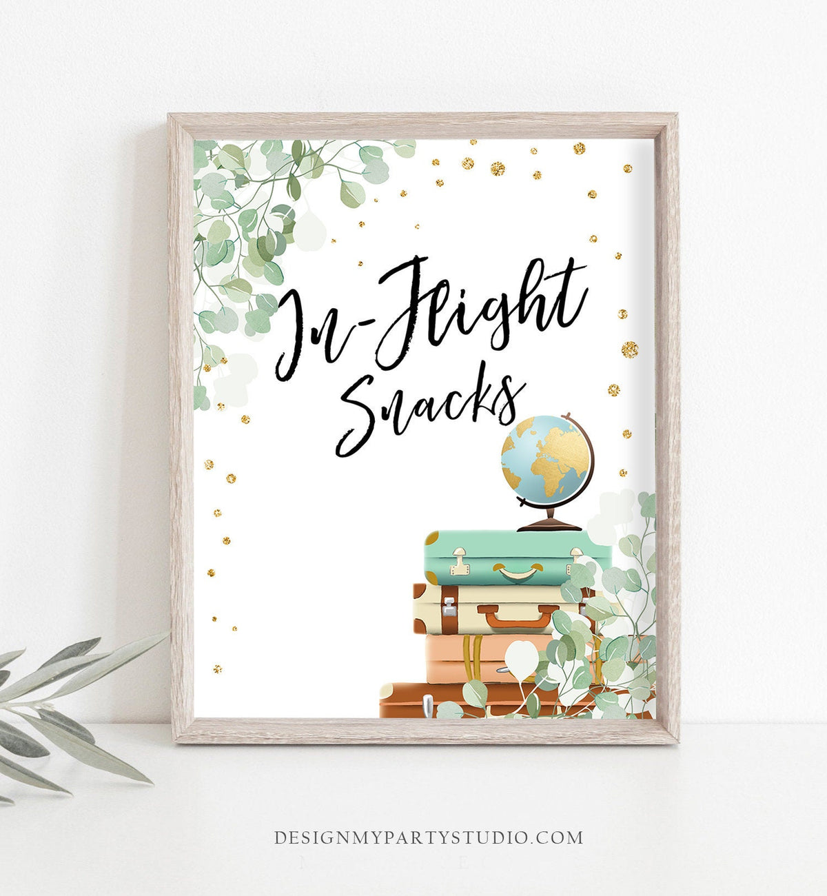 In-Flight Snacks Sign Travel Adventure Eucalyptus Greenery Bridal Shower Wedding Baby Shower Globe Suitcase Instant Download Printable 0030