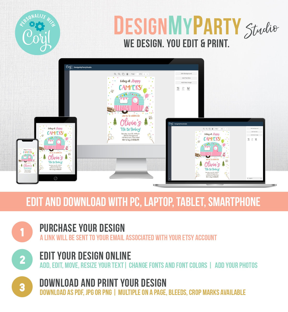 Editable Happy Camper Birthday Invitation Girl Pink Camping Party Pink Camper Glamping Digital Download Template Printable 0342