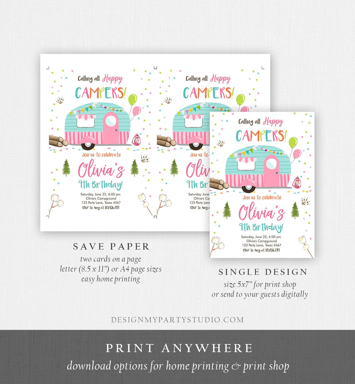 Editable Happy Camper Birthday Invitation Girl Pink Camping Party Pink Camper Glamping Digital Download Template Printable 0342
