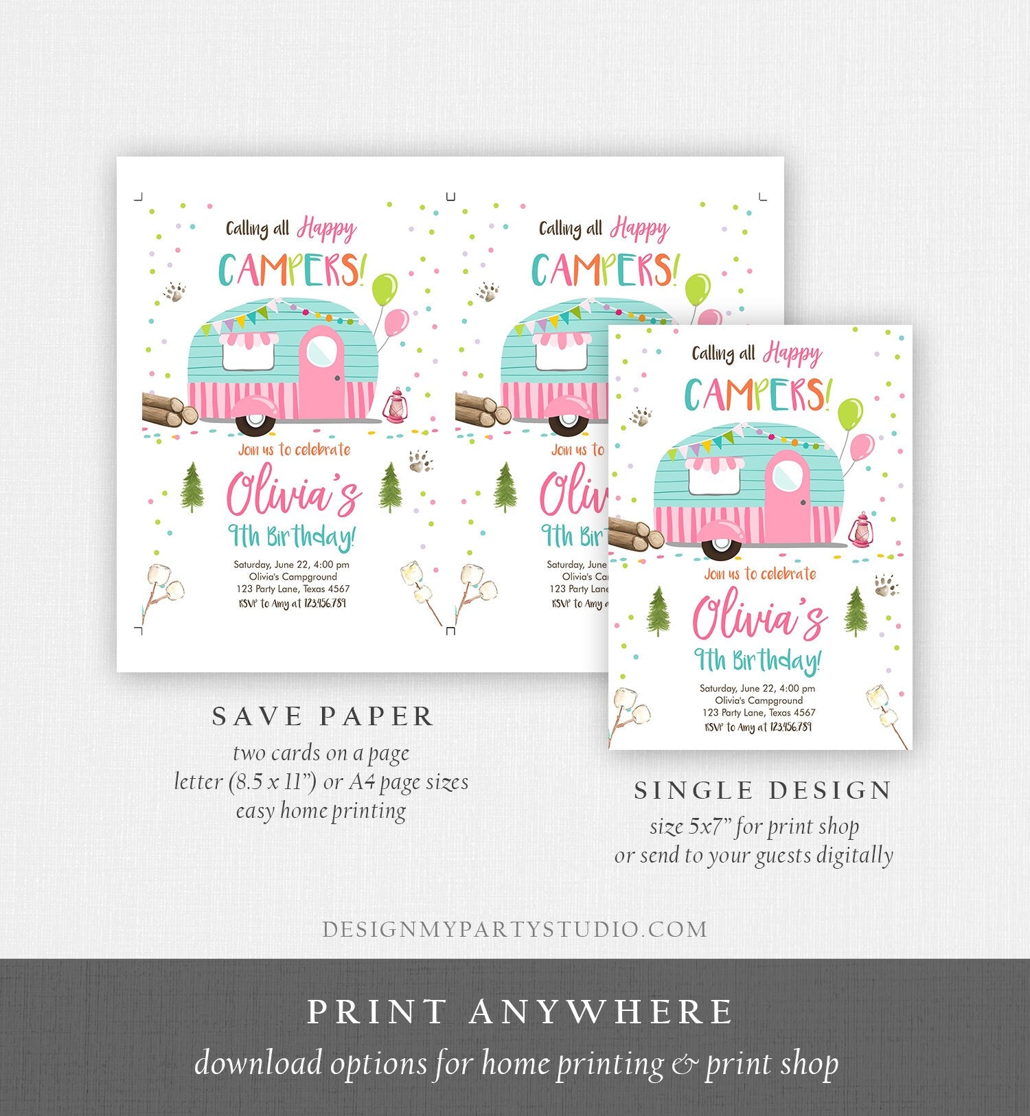 Editable Happy Camper Birthday Invitation Girl Pink Camping Party Pink Camper Glamping Digital Download Template Printable 0342