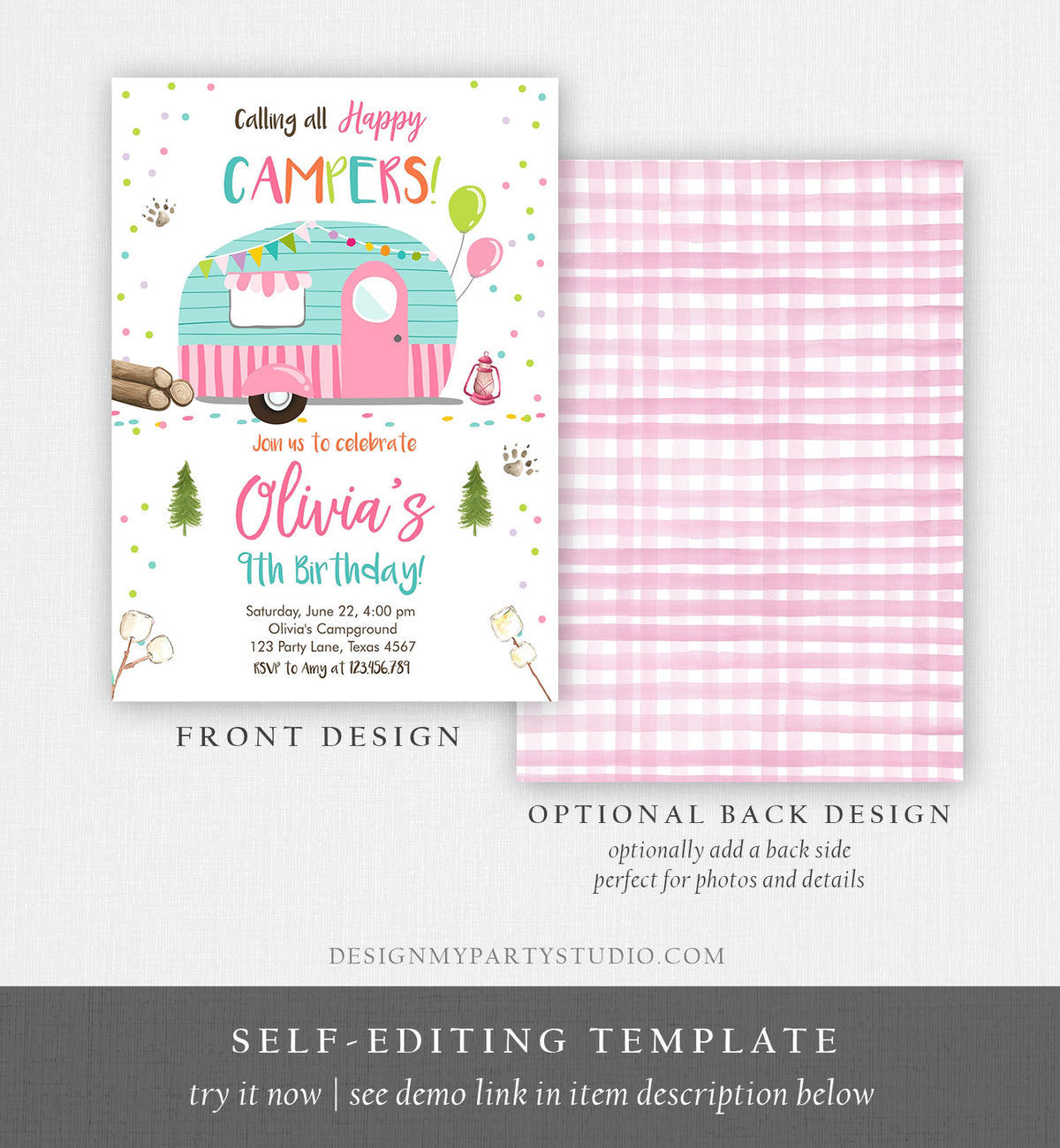 Editable Happy Camper Birthday Invitation Girl Pink Camping Party Pink Camper Glamping Digital Download Template Printable 0342