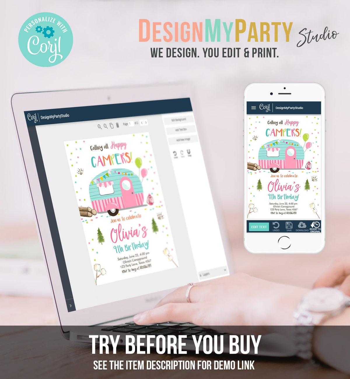 Editable Happy Camper Birthday Invitation Girl Pink Camping Party Pink Camper Glamping Digital Download Template Printable 0342