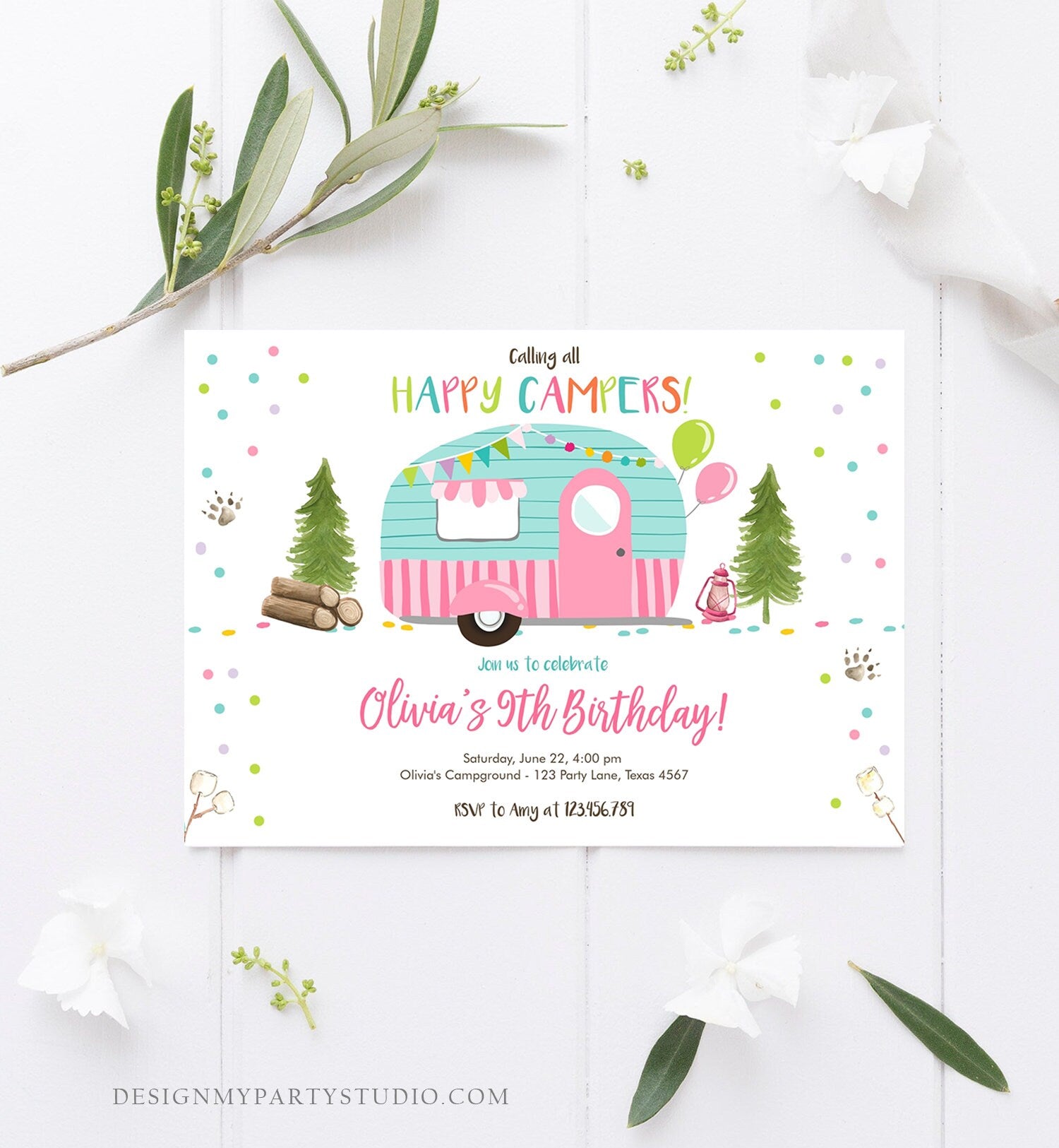 Editable Happy Camper Birthday Invitation Girl Pink Camping Party Pink Camper Glamping Digital Download Evite Template Printable 0342