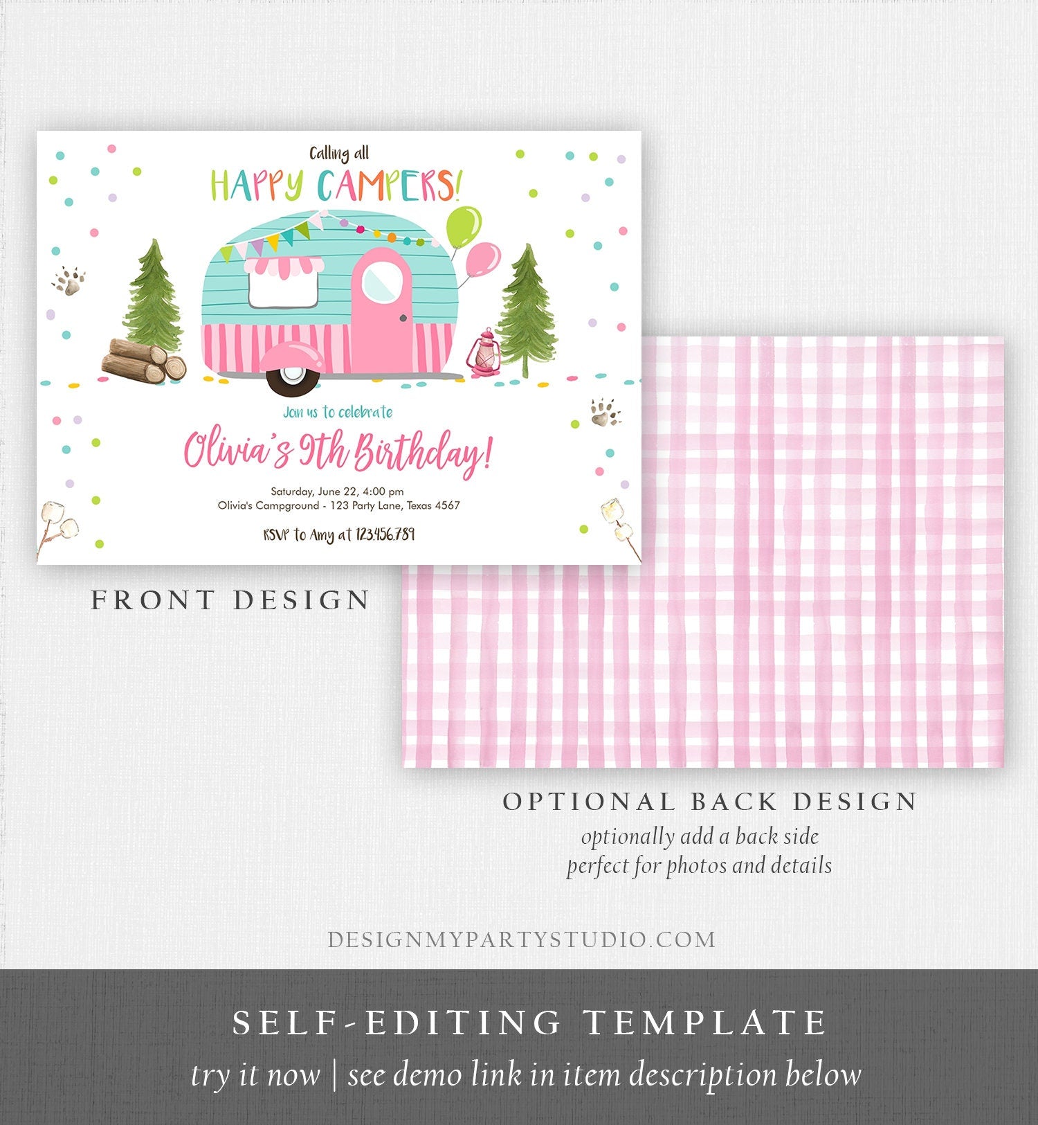 Editable Happy Camper Birthday Invitation Girl Pink Camping Party Pink Camper Glamping Digital Download Evite Template Printable 0342