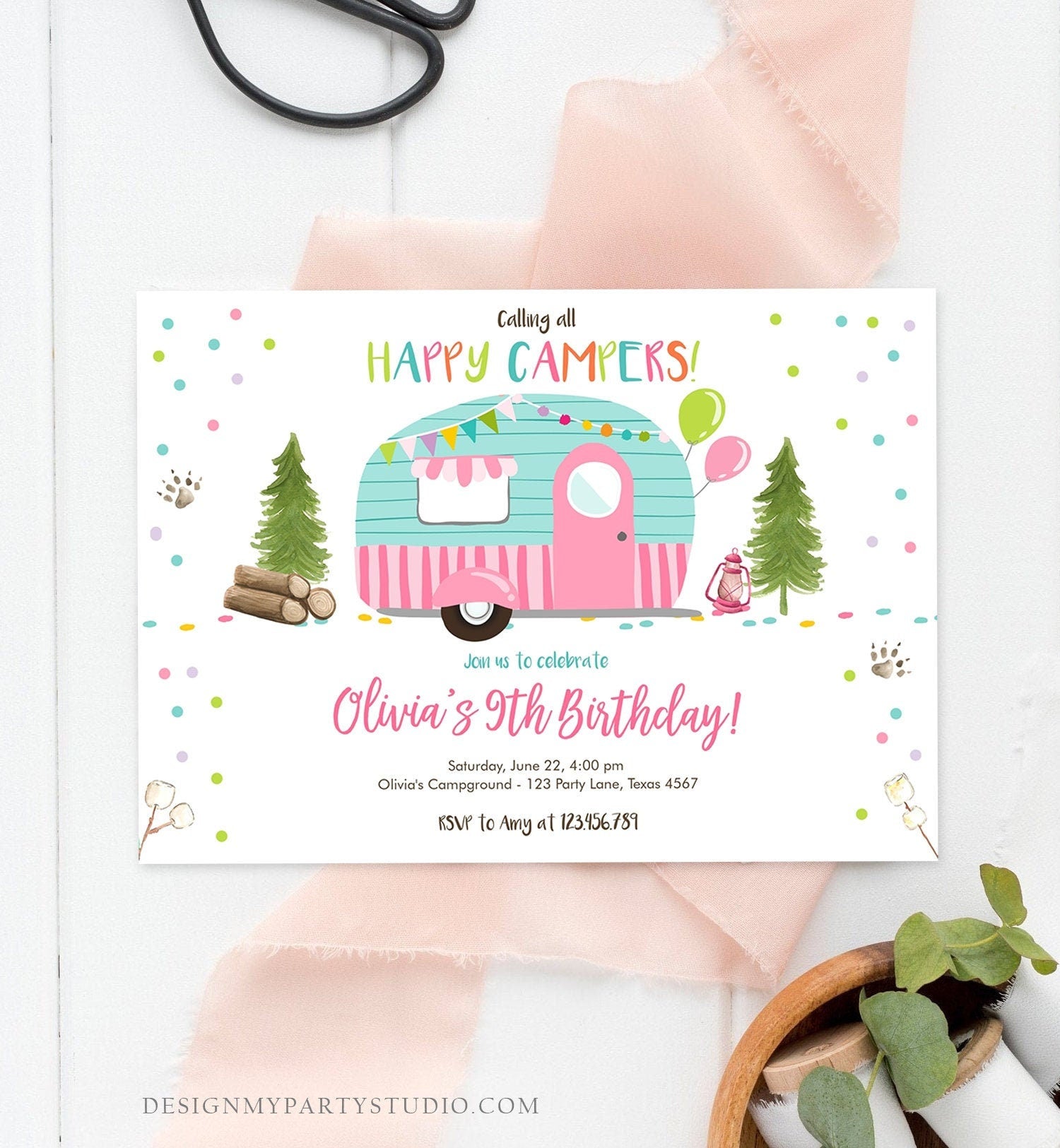 Editable Happy Camper Birthday Invitation Girl Pink Camping Party Pink Camper Glamping Digital Download Evite Template Printable 0342