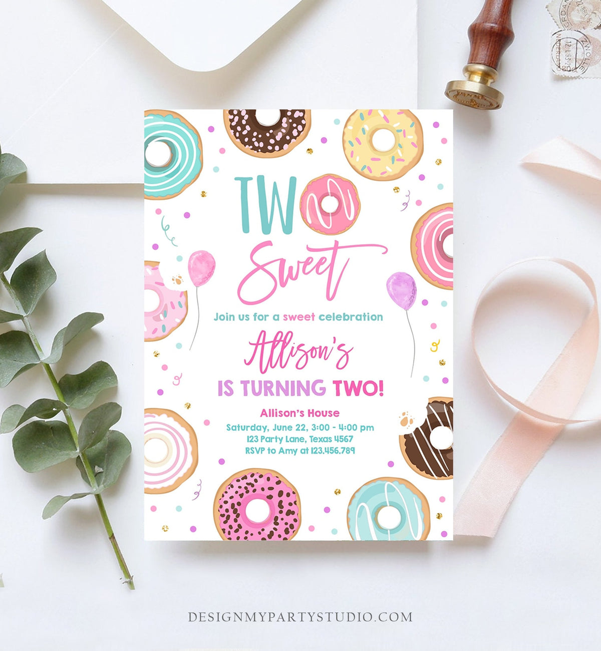 Editable Donut Two Sweet Birthday Invitation Second Birthday Party 2nd Pink Gold Girl Doughnut Pastel Download Corjl Template Printable 0343