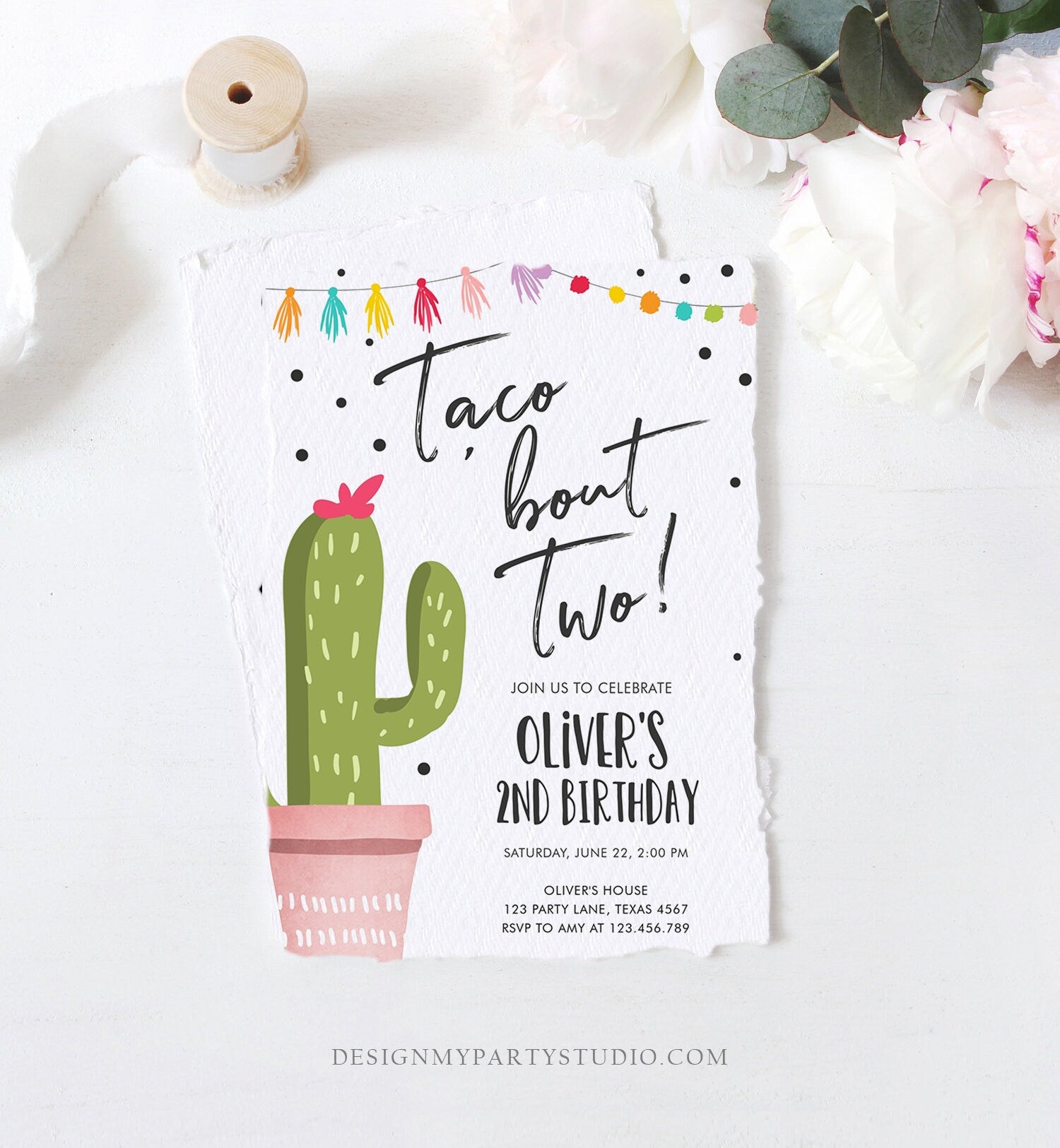 Editable Taco Bout a Party Birthday Invitation ANY AGE Girl Boy Cactus Fiesta Mexican Second Birthday Download Printable Corjl Template 0254
