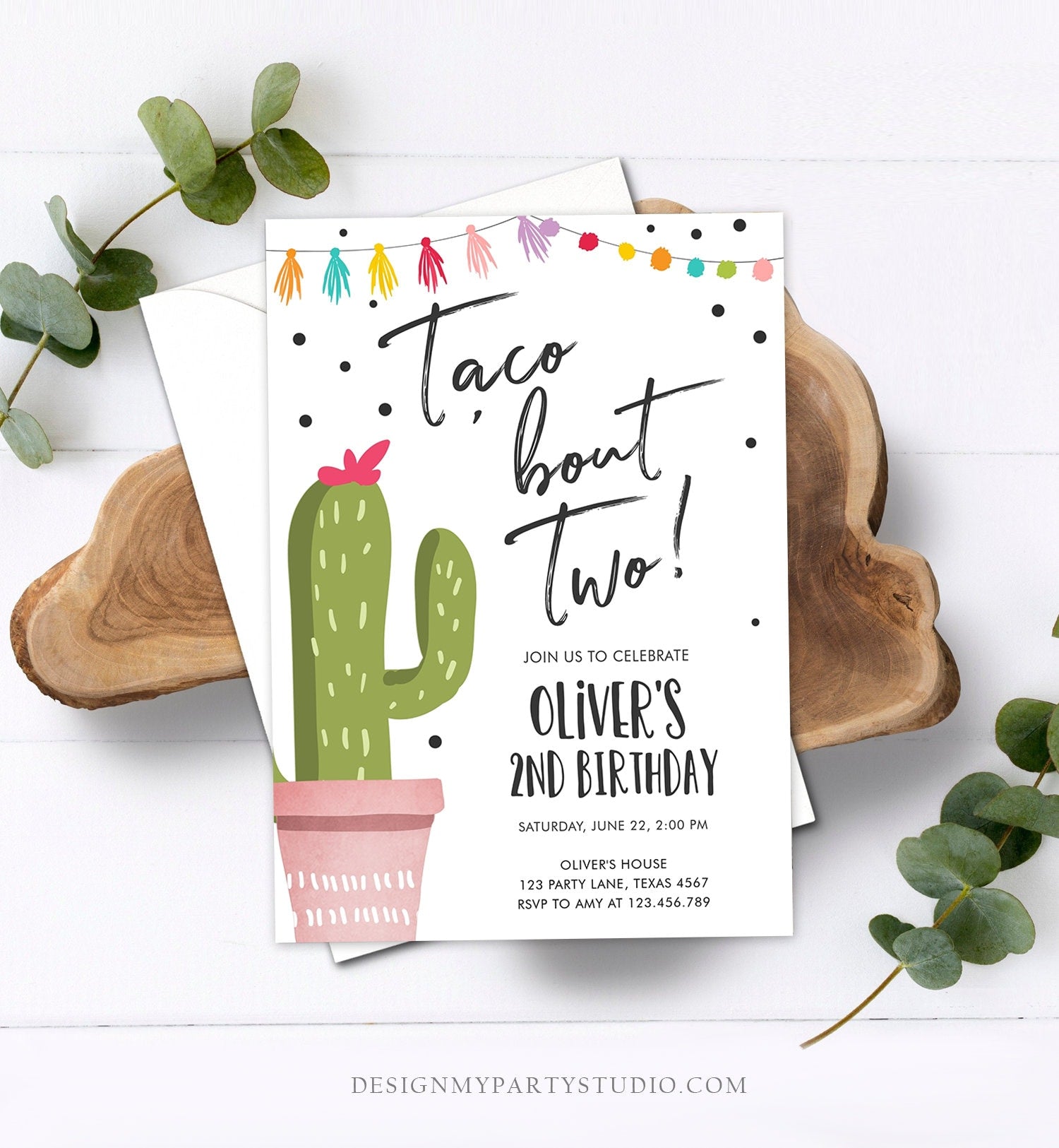 Editable Taco Bout a Party Birthday Invitation ANY AGE Girl Boy Cactus Fiesta Mexican Second Birthday Download Printable Corjl Template 0254