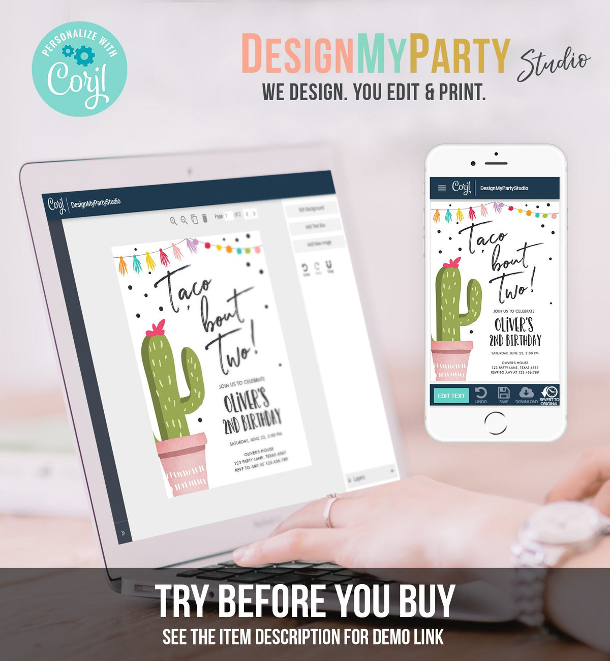 Editable Taco Bout a Party Birthday Invitation ANY AGE Girl Boy Cactus Fiesta Mexican Second Birthday Download Printable Corjl Template 0254