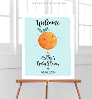 Editable Little Cutie Baby Shower Sign Welcome Baby Boy Blue Couples Shower Clementine Orange Shower Sign Yard Sign Corjl Template 0330