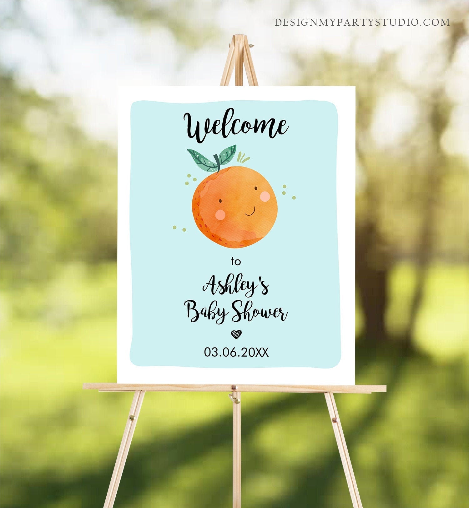 Editable Little Cutie Baby Shower Sign Welcome Baby Boy Blue Couples Shower Clementine Orange Shower Sign Yard Sign Corjl Template 0330