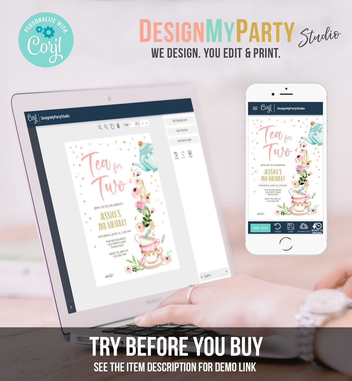 Editable Tea for Two Birthday Invitation Girl Tea Party Invite Pink Gold Floral Peach Pink Digital Download Evite Template Printable 0349
