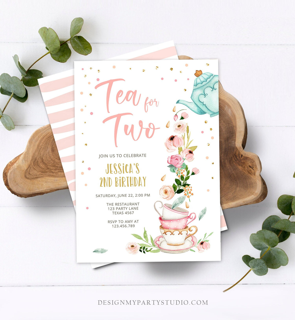 Editable Tea for Two Birthday Invitation Girl Tea Party Invite Pink Gold Floral Peach Pink Digital Download Evite Template Printable 0349