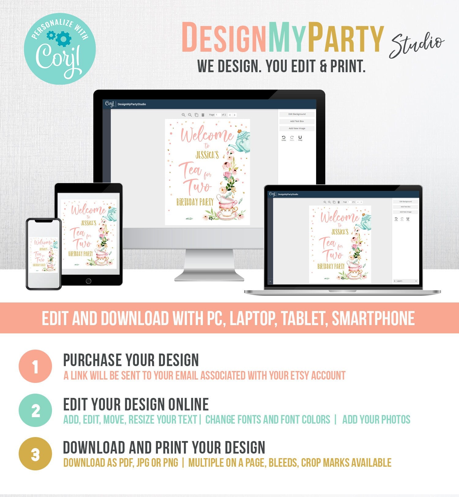 Editable Tea for Two Party Welcome Sign Tea Birthday Welcome Floral Pink Peach Girl 2nd Birthday Garden Digital Template Printable 0349