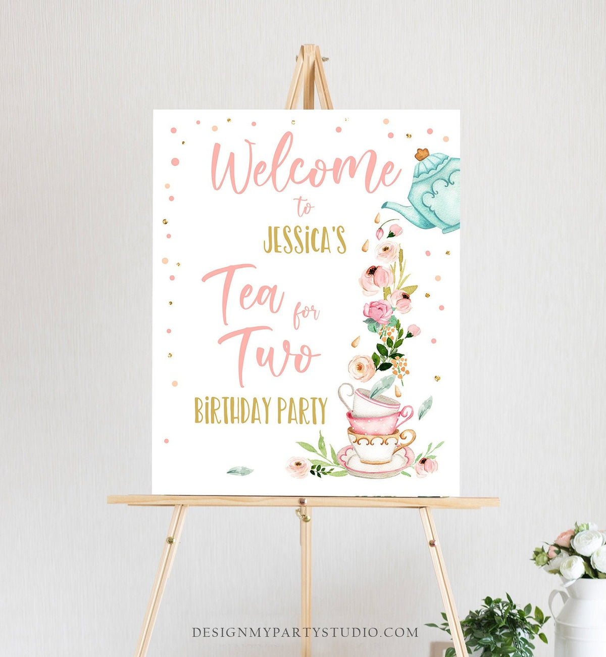 Editable Tea for Two Party Welcome Sign Tea Birthday Welcome Floral Pink Peach Girl 2nd Birthday Garden Digital Template Printable 0349