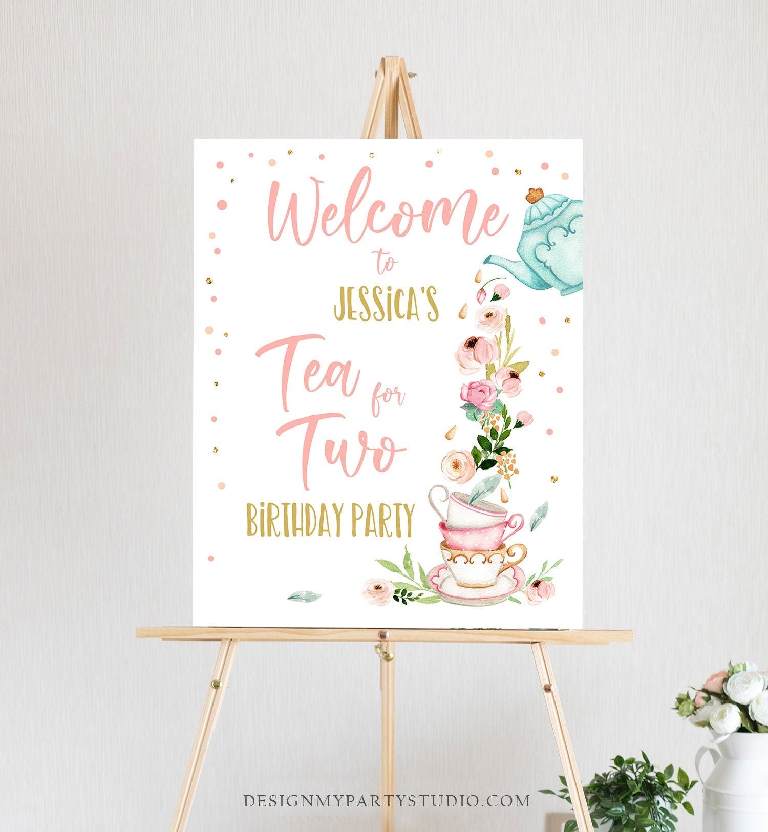 Editable Tea for Two Party Welcome Sign Tea Birthday Welcome Floral Pink Peach Girl 2nd Birthday Garden Digital Template Printable 0349