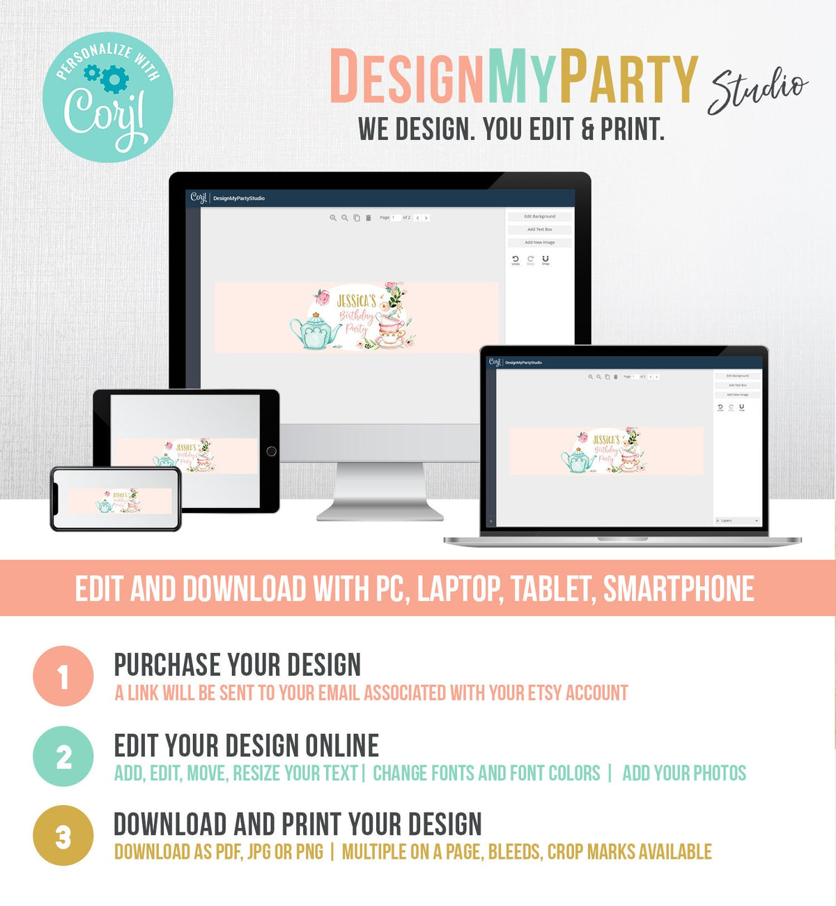 Editable Water Bottle Labels Tea Party Girl Birthday Tea for Two Birthday Flowers Pink Gold Digital Download Template Printable 0349