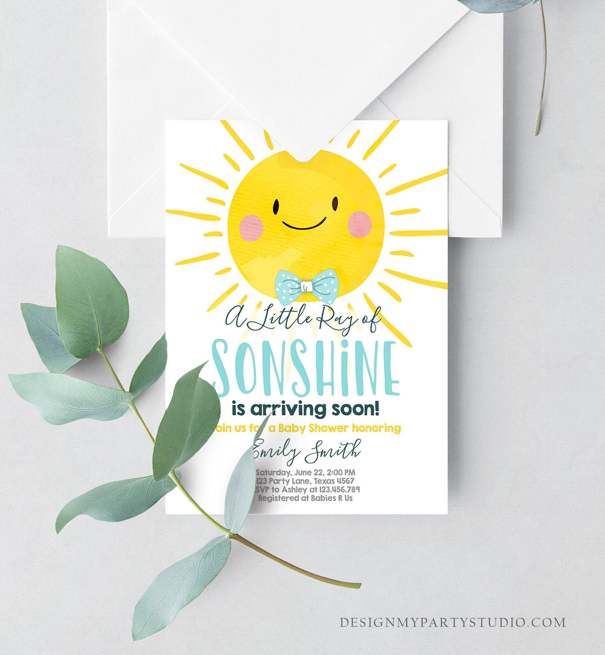 Editable Baby Shower Invitation A Ray of Sonshine Little Sunshine Blue Yellow Boy Invite Template Instant Download Digital Corjl 0141