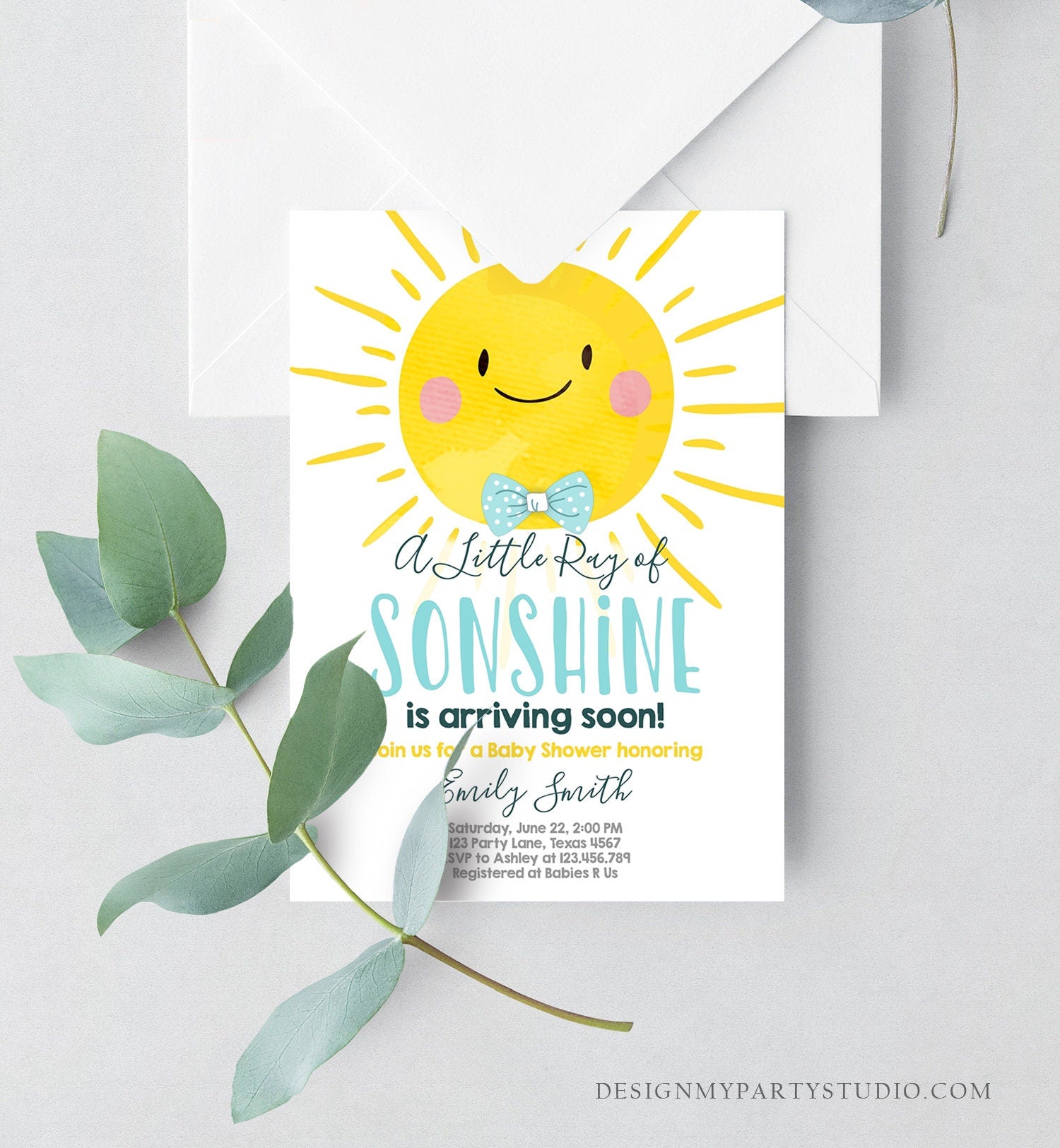 Editable Baby Shower Invitation A Ray of Sonshine Little Sunshine Blue Yellow Boy Invite Template Instant Download Digital Corjl 0141
