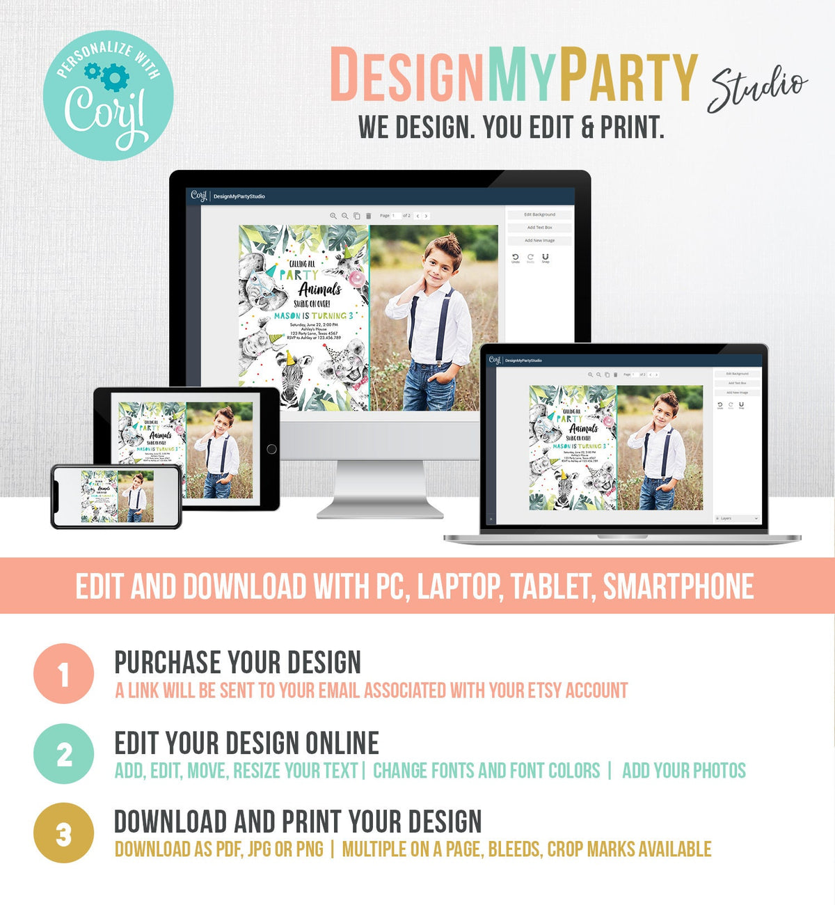 Editable Party Animals Birthday Invitation Wild One Animals Invitation Zoo Safari Animals Boy Digital Download Template Printable 0322