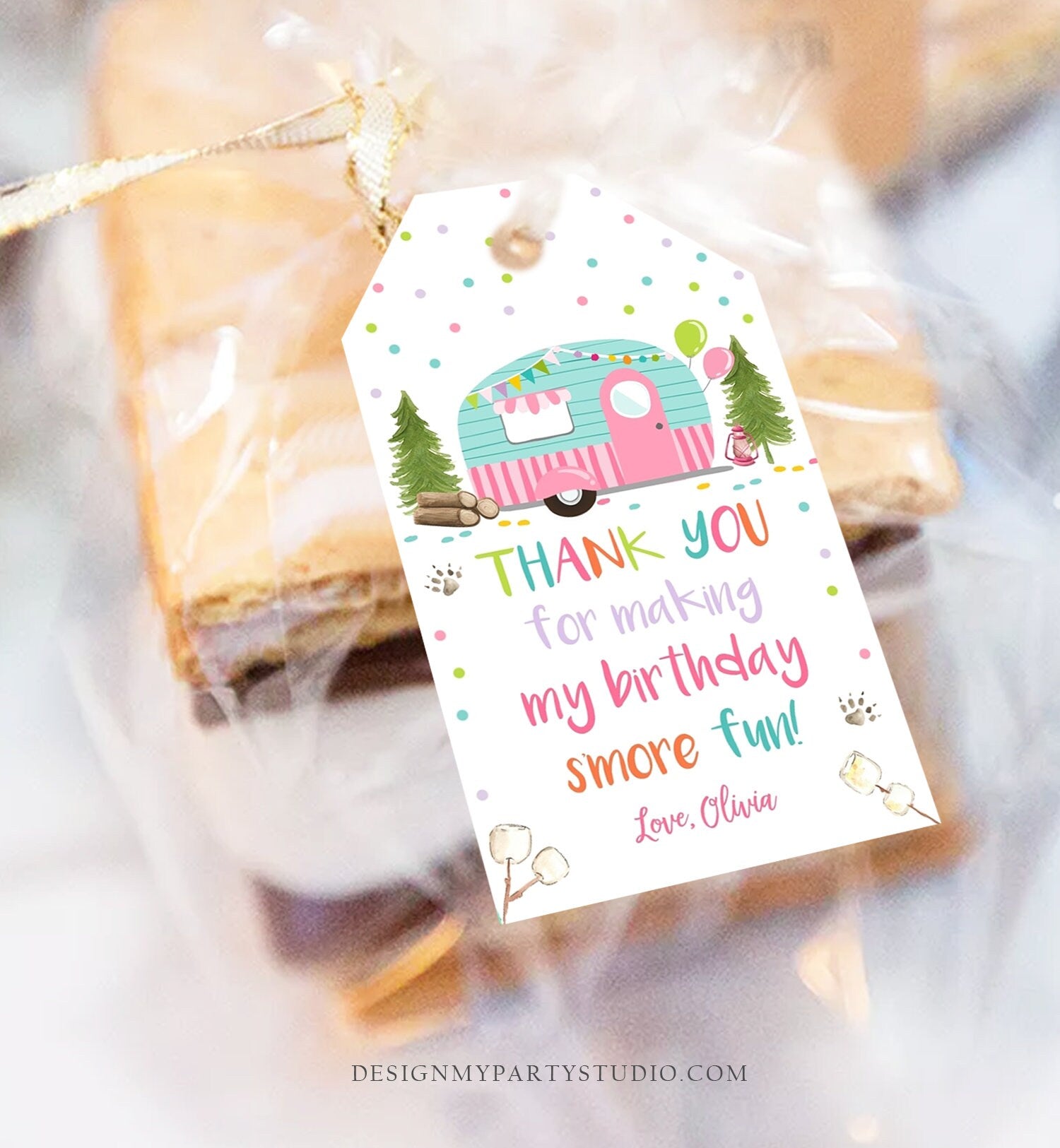 Editable S'more Fun favor Tags Thank you Happy Camper Birthday Party Favor Tags Smore Fun Camping Girl Pink Purple Template PRINTABLE 0342