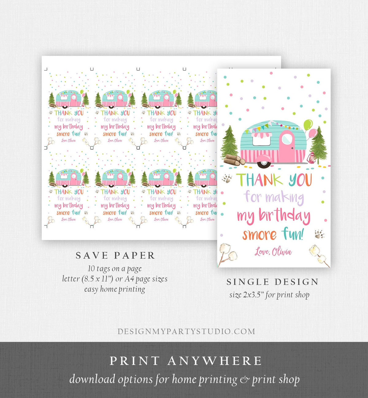 Editable S&#39;more Fun favor Tags Thank you Happy Camper Birthday Party Favor Tags Smore Fun Camping Girl Pink Purple Template PRINTABLE 0342