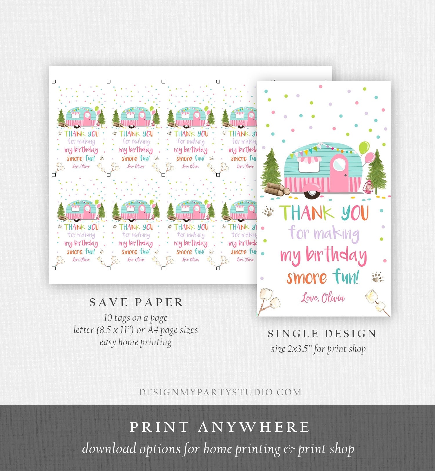 Editable S'more Fun favor Tags Thank you Happy Camper Birthday Party Favor Tags Smore Fun Camping Girl Pink Purple Template PRINTABLE 0342