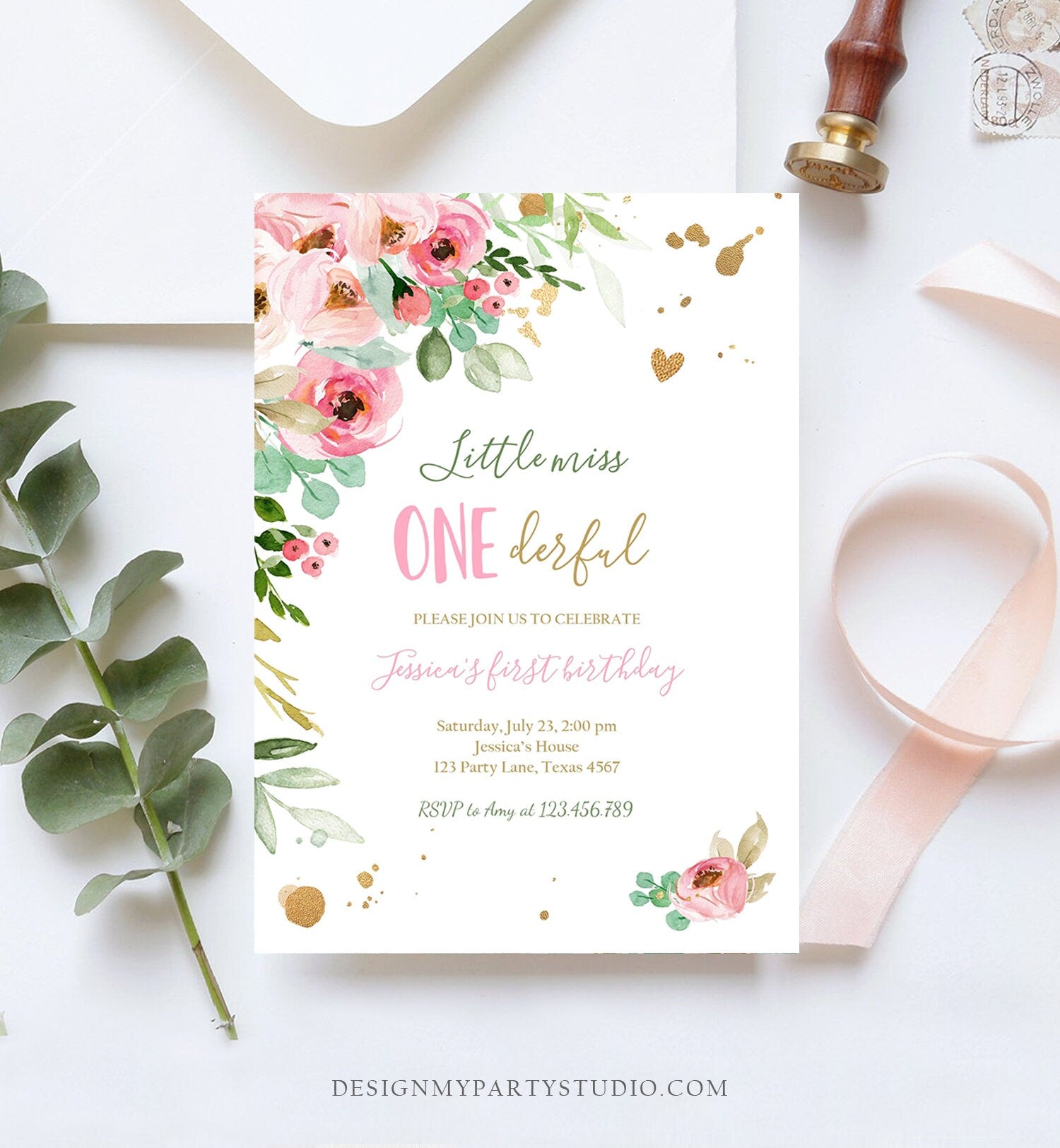 Editable Little Miss Onederful Birthday Invitation 1st Birthday Girl Pink Gold Floral Download Printable Template Corjl Digital 0147