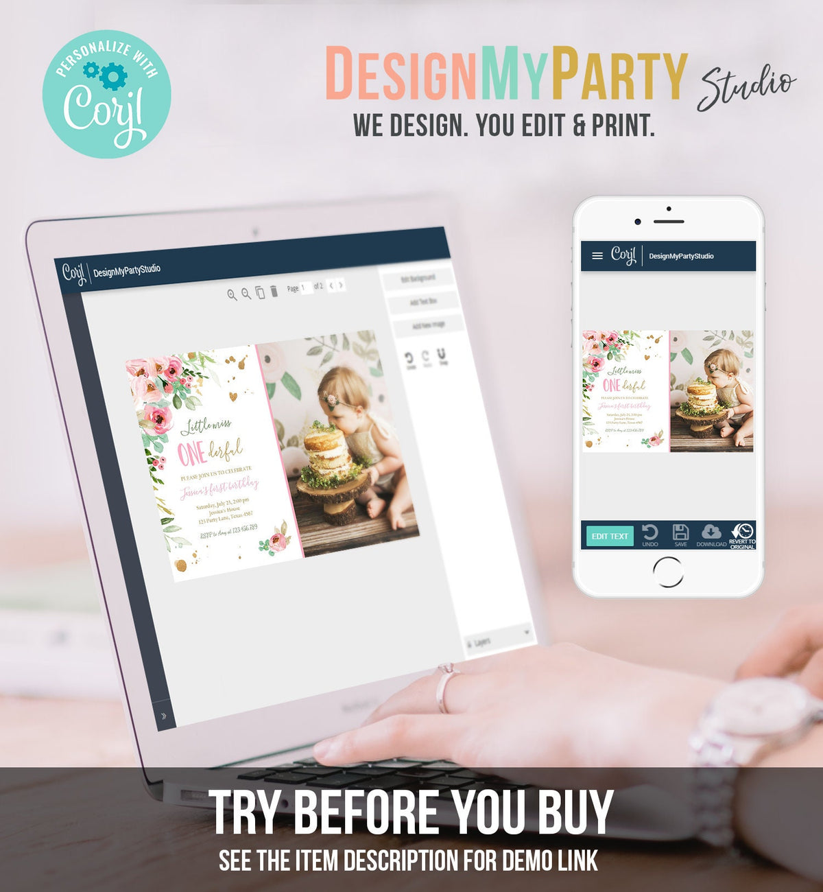 Editable Little Miss Onederful Birthday Invitation 1st Birthday Girl Blush Pink Gold Floral Download Printable Template Corjl Digital 0147