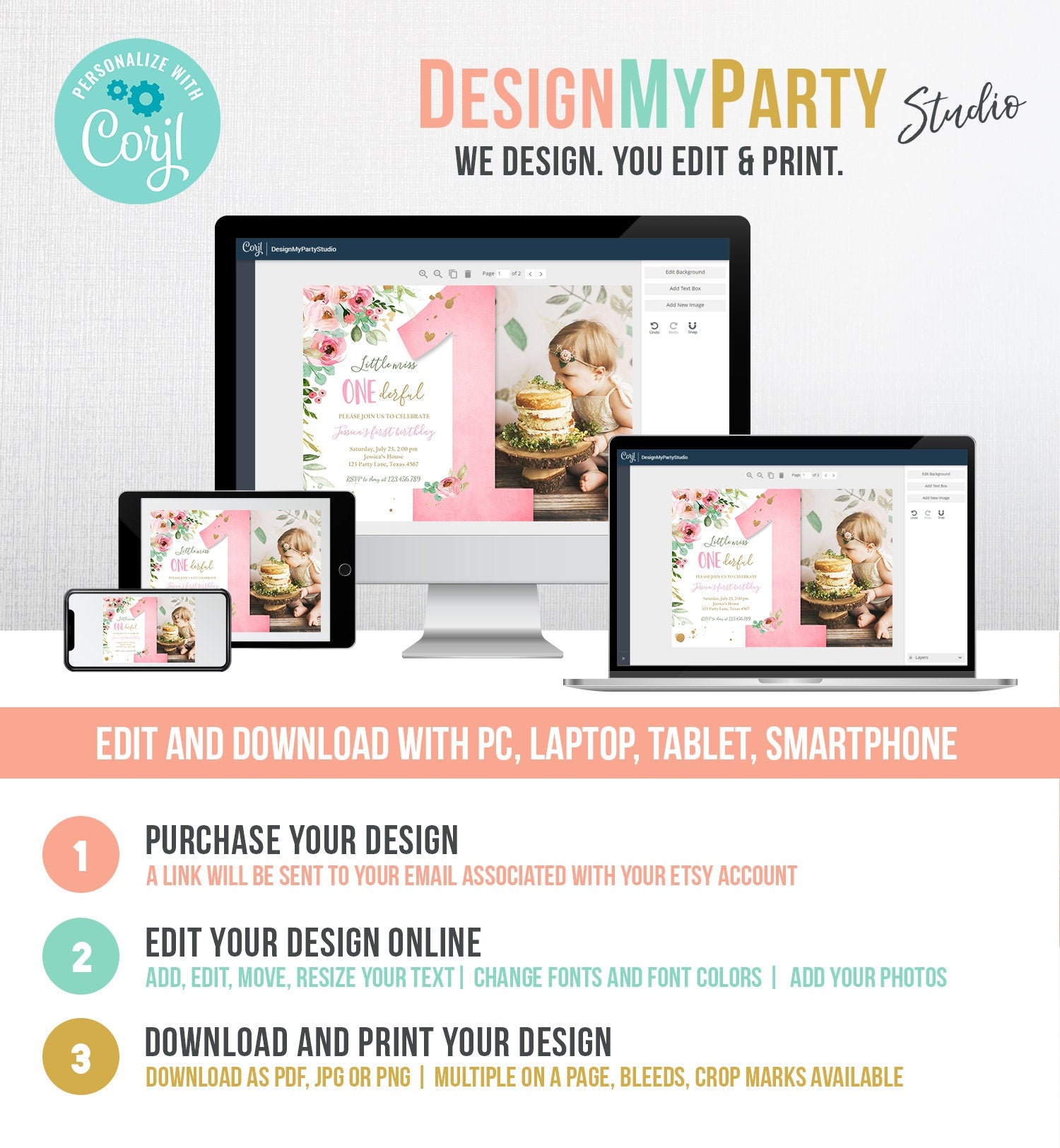 Editable Little Miss Onederful Birthday Invitation 1st Birthday Girl Blush Pink Gold Floral Digital Download Evite Template Printable 0147