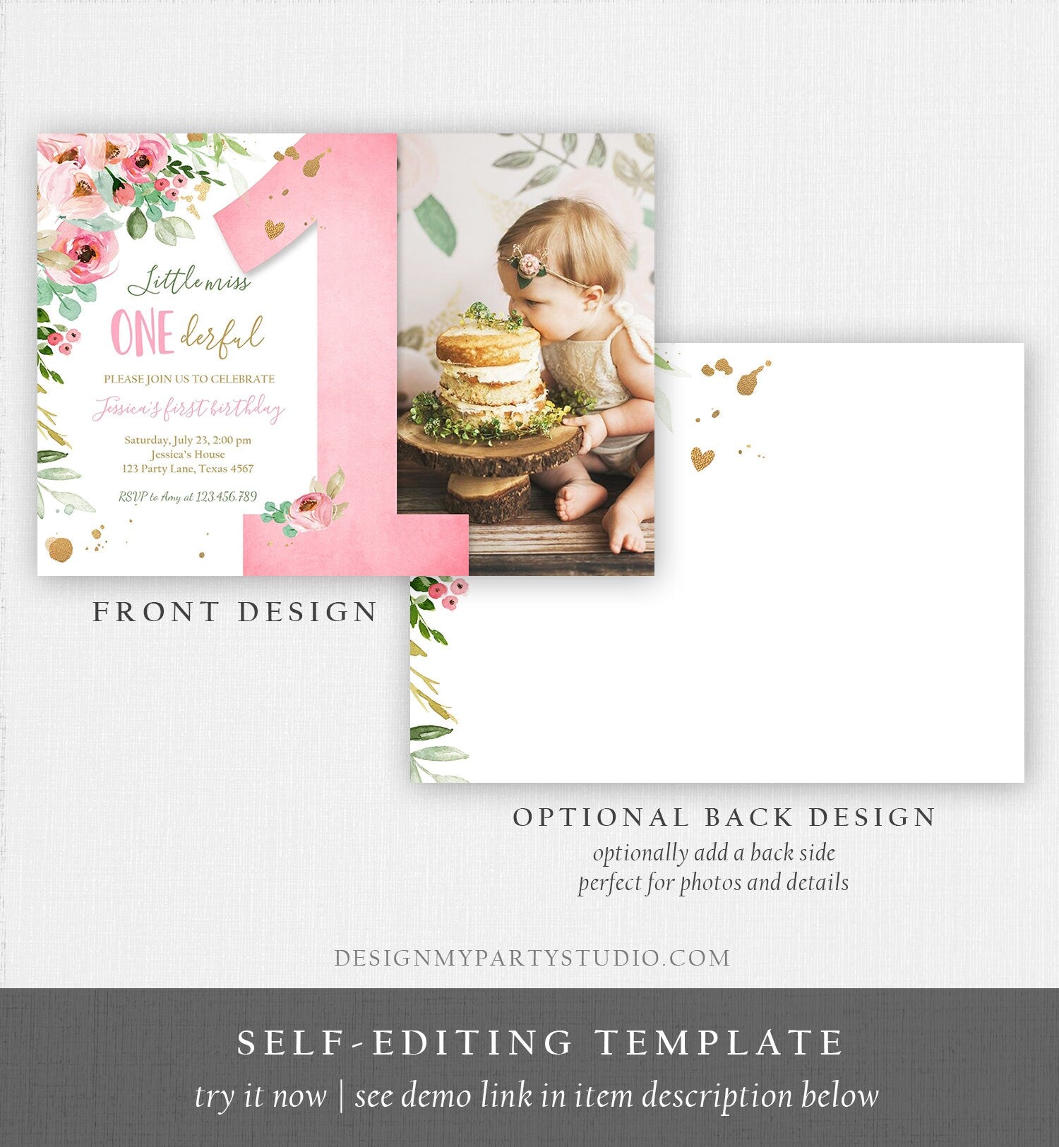Editable Little Miss Onederful Birthday Invitation 1st Birthday Girl Blush Pink Gold Floral Digital Download Evite Template Printable 0147