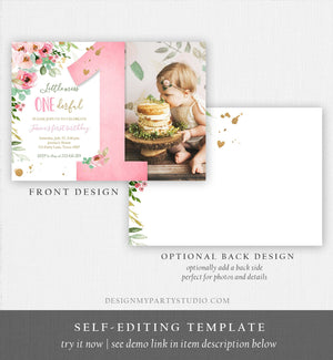 Editable Little Miss Onederful Birthday Invitation 1st Birthday Girl Blush Pink Gold Floral Download Printable Template Corjl Digital 0147