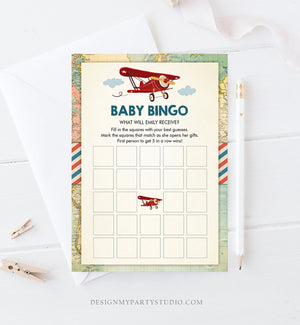 Editable Baby Bingo Game Vintage Airplane Red Travel Adventure Shower Game Baby Coed Sprinkle Games Download Corjl Template Printable 0011