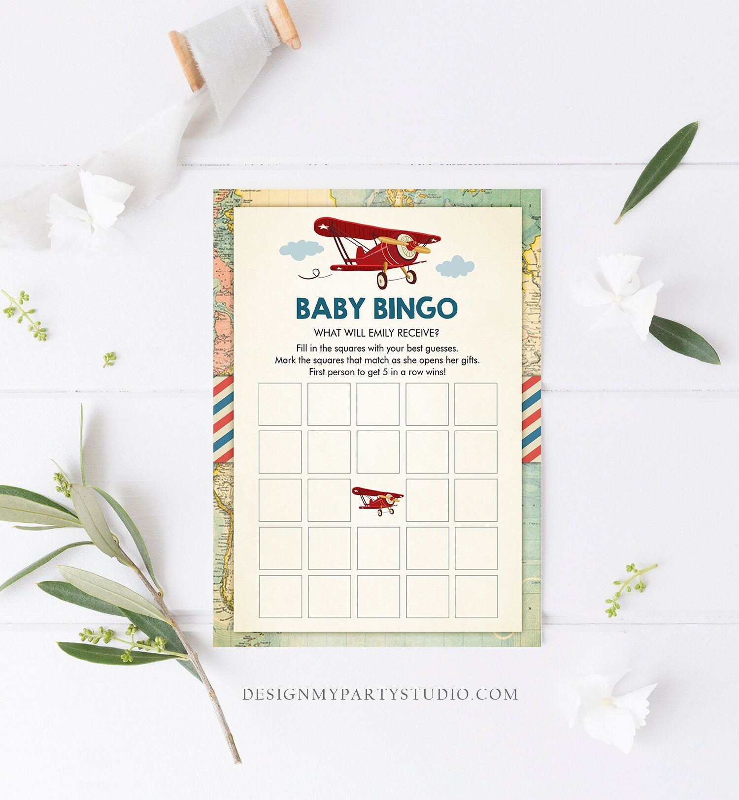 Editable Baby Bingo Game Vintage Airplane Red Travel Adventure Shower Game Baby Coed Sprinkle Games Download Corjl Template Printable 0011