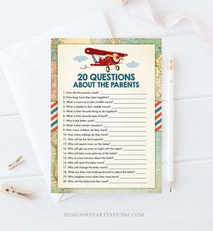 Editable Questions About the Parents Baby Shower Game Vintage Airplane Red Travel Adventure Shower Sprinkle Corjl Template Printable 0011