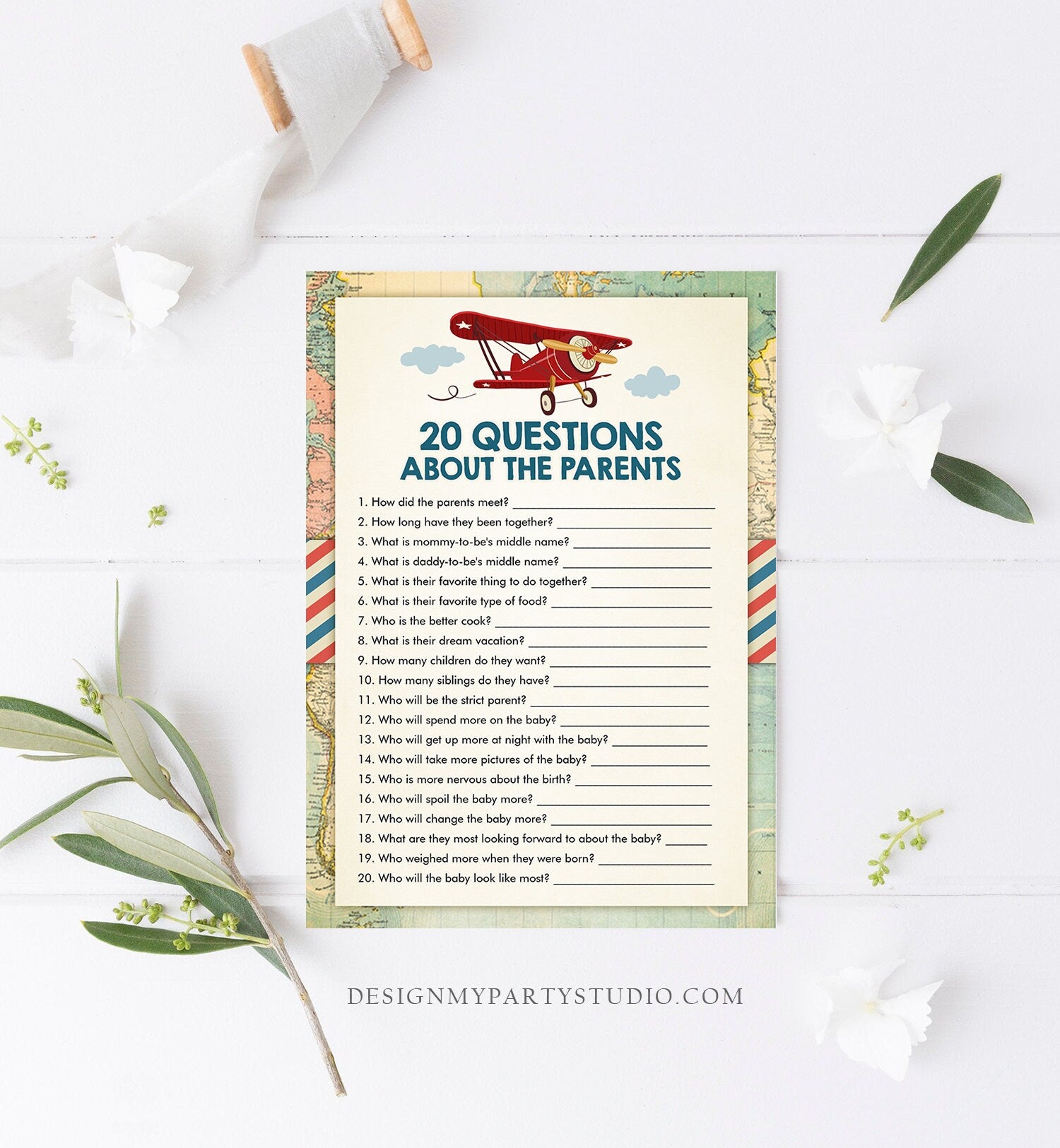 Editable Questions About the Parents Baby Shower Game Vintage Airplane Red Travel Adventure Shower Sprinkle Corjl Template Printable 0011