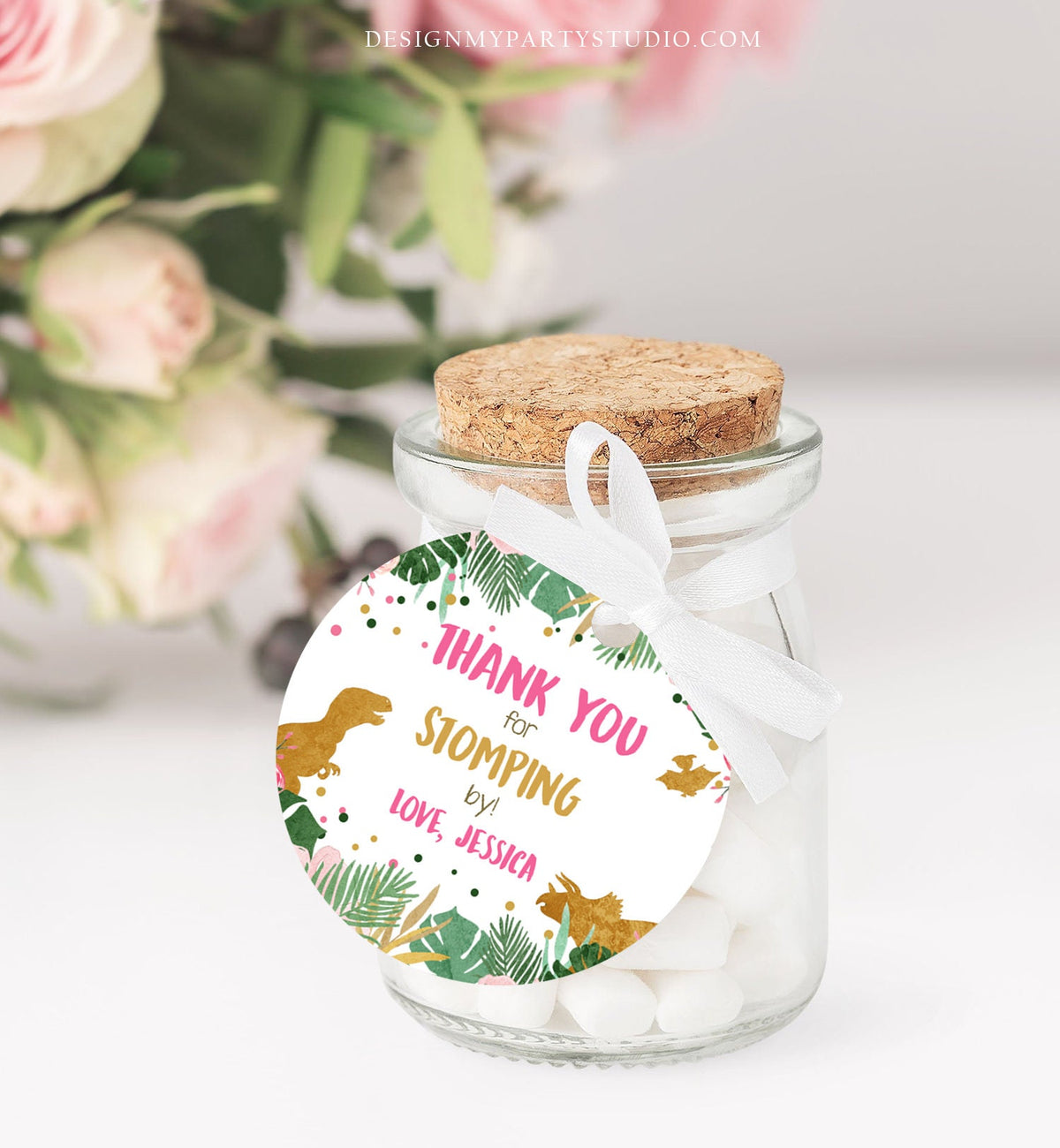 Editable Dinosaur Favor Tags Gift Tag Girl Pink Gold Thank You for Stomping By Tag Birthday Round Square T-Rex Corjl Template Printable 0146